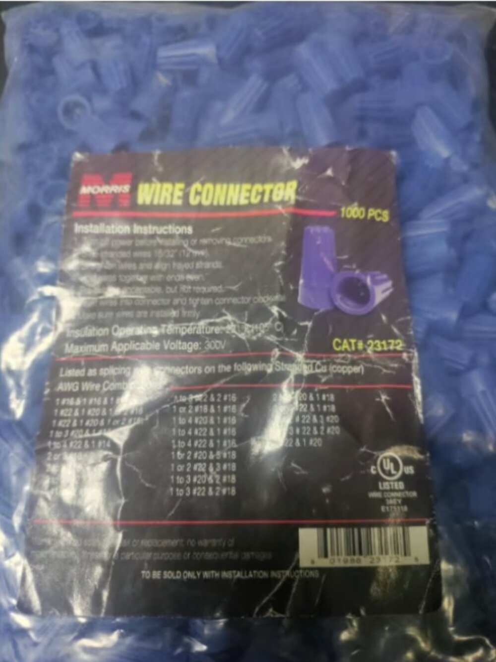 1000 Morris  23172 Screw On Wire Connector, P2 Type, Blue, 22 - 14 Awg,max:
